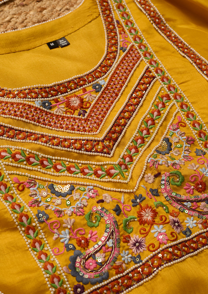 Mustard Yellow Chanderi Threadwork Straight Kurta With Regular Pant And Dupatta