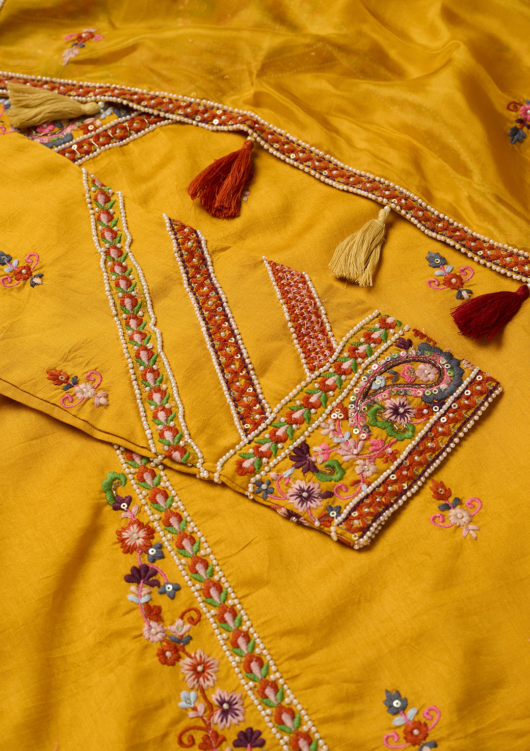 Mustard Yellow Chanderi Threadwork Straight Kurta With Regular Pant And Dupatta