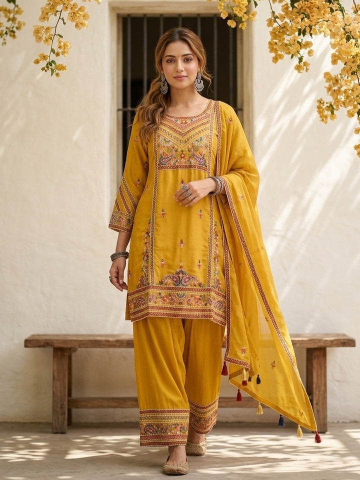 Mustard Yellow Chanderi Threadwork Straight Kurta With Regular Pant And Dupatta