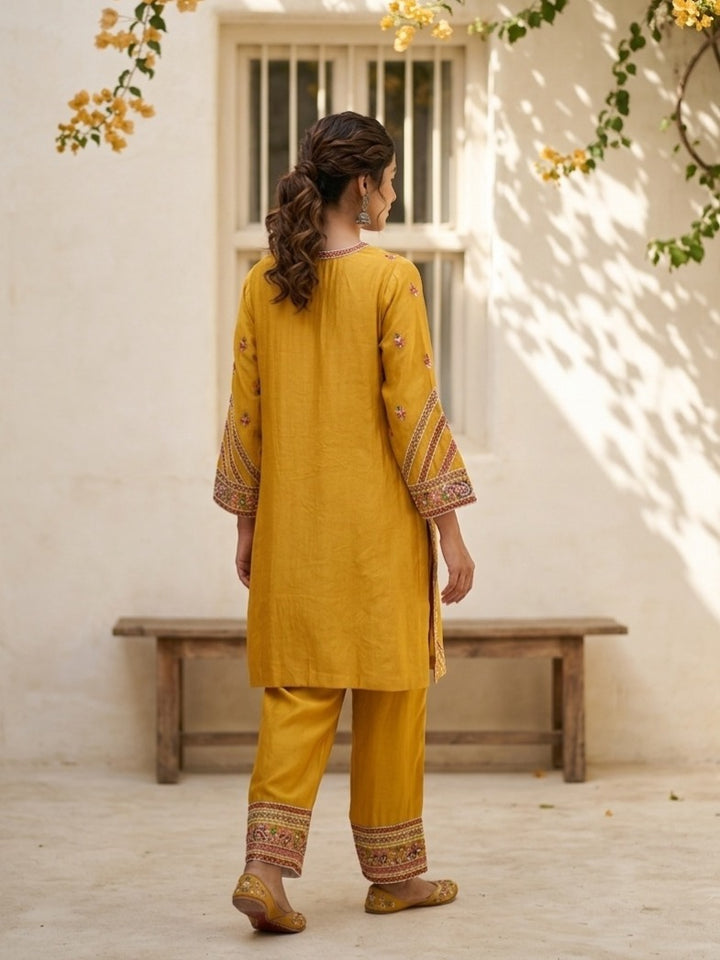 Mustard Yellow Chanderi Threadwork Straight Kurta With Regular Pant And Dupatta