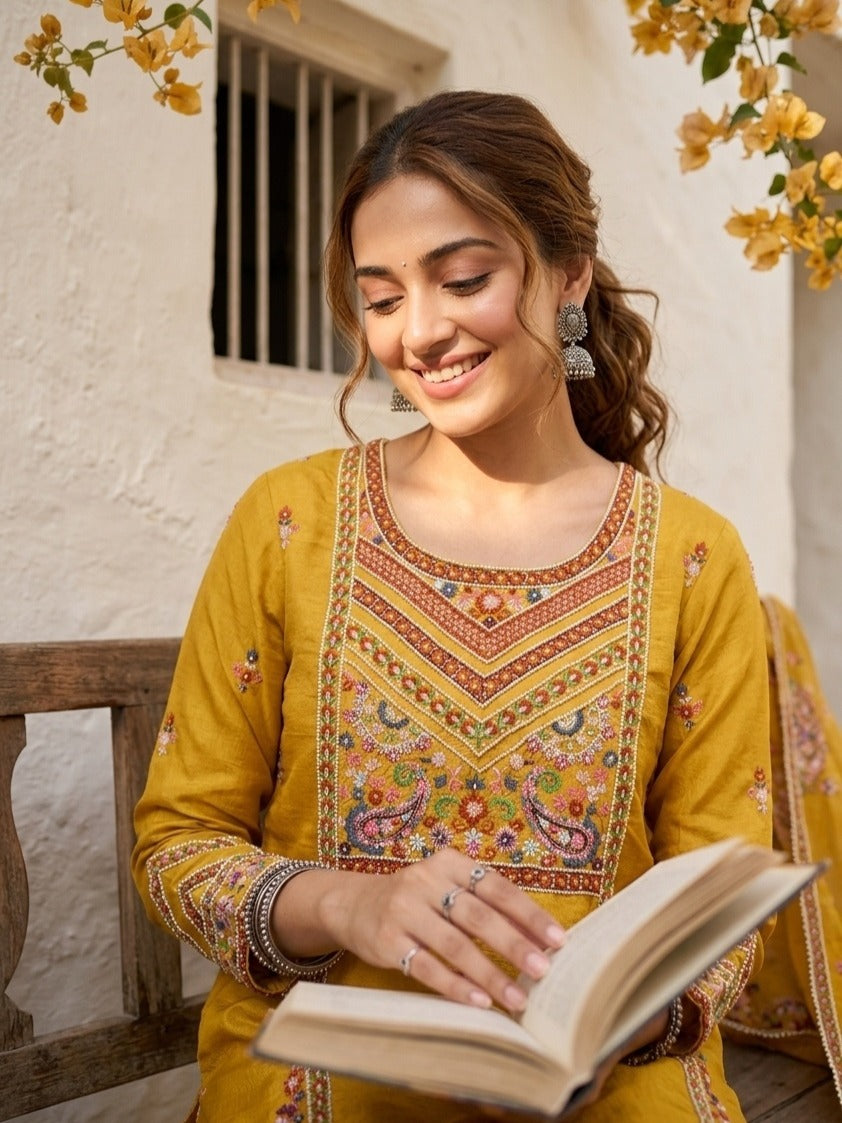 Mustard Yellow Chanderi Threadwork Straight Kurta With Regular Pant And Dupatta