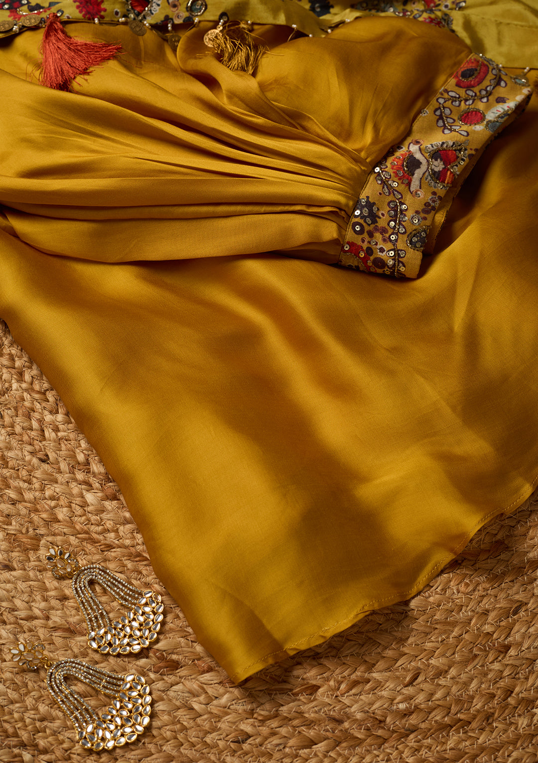 Mustard Yellow Crepe Threadwork Crop Top Kurta With Dhoti And Dupatta