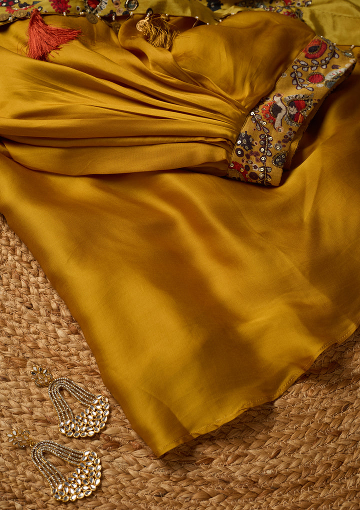 Mustard Yellow Crepe Threadwork Crop Top Kurta With Dhoti And Dupatta