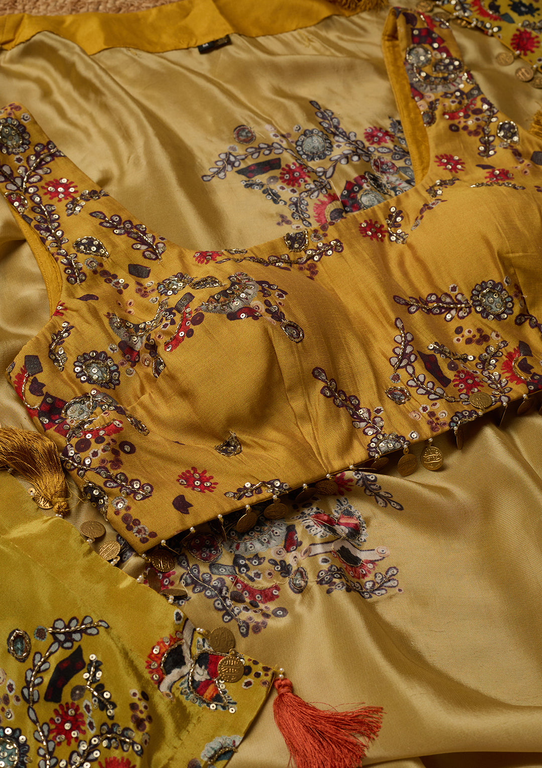 Mustard Yellow Crepe Threadwork Crop Top Kurta With Dhoti And Dupatta