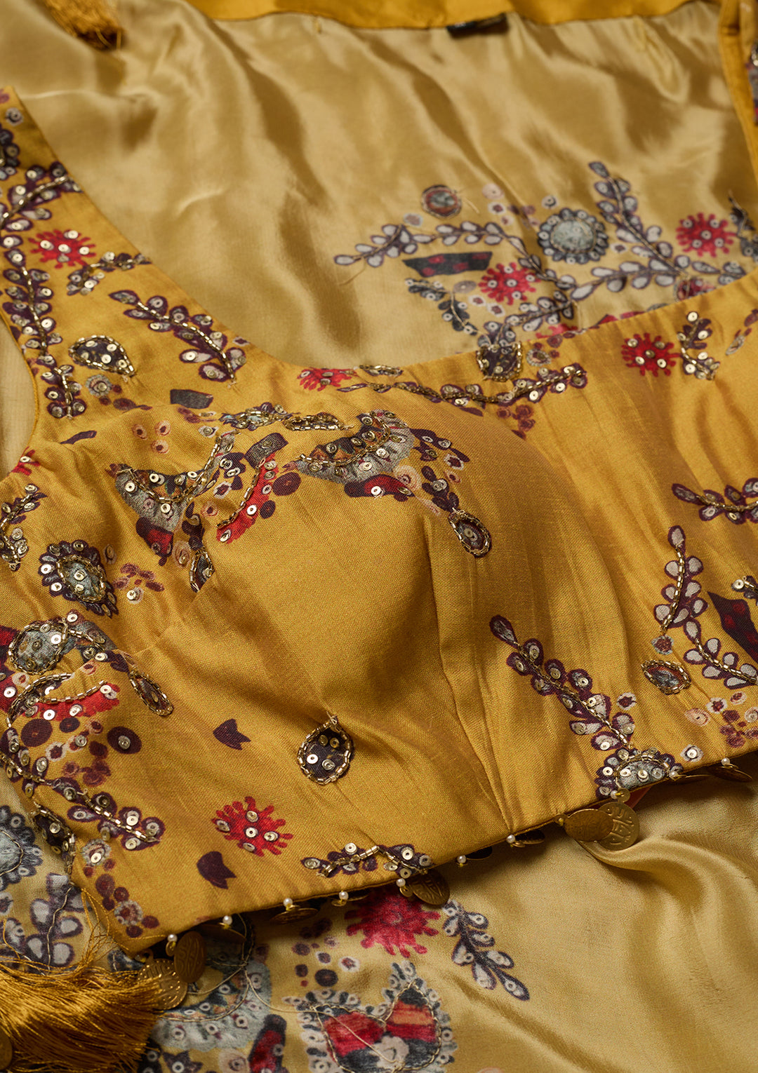 Mustard Yellow Crepe Threadwork Crop Top Kurta With Dhoti And Dupatta