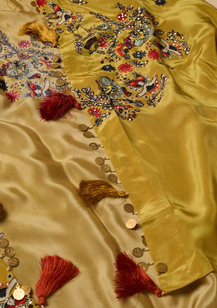 Mustard Yellow Crepe Threadwork Crop Top Kurta With Dhoti And Dupatta