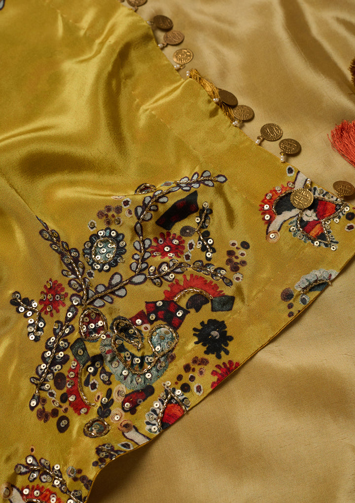 Mustard Yellow Crepe Threadwork Crop Top Kurta With Dhoti And Dupatta