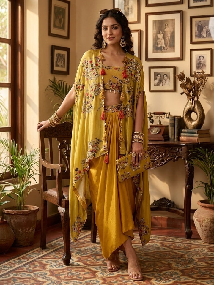 Mustard Yellow Crepe Threadwork Crop Top Kurta With Dhoti And Dupatta
