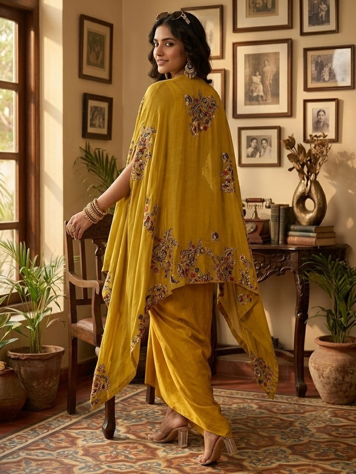 Mustard Yellow Crepe Threadwork Crop Top Kurta With Dhoti And Dupatta