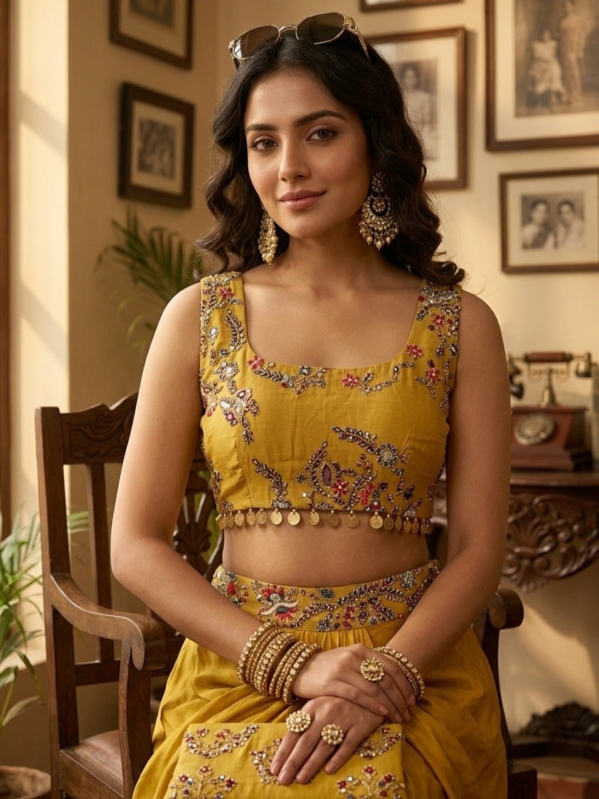 Mustard Yellow Crepe Threadwork Crop Top Kurta With Dhoti And Dupatta