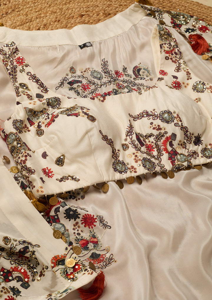 Off White Crepe Threadwork Crop Top Kurta With Dhoti And Dupatta