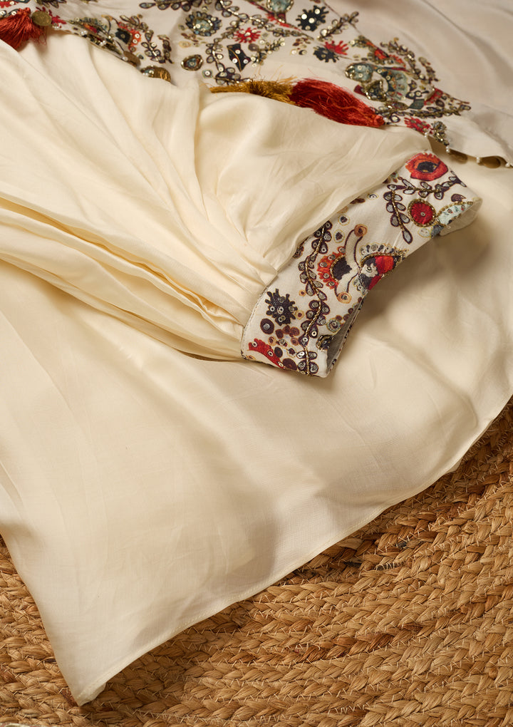 Off White Crepe Threadwork Crop Top Kurta With Dhoti And Dupatta