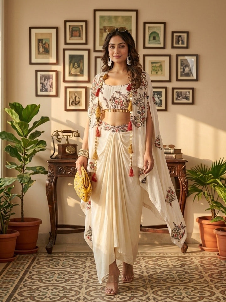Off White Crepe Threadwork Crop Top Kurta With Dhoti And Dupatta