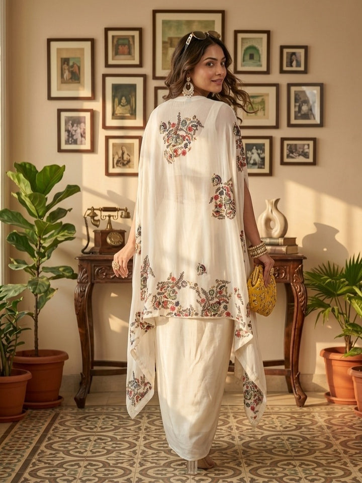 Off White Crepe Threadwork Crop Top Kurta With Dhoti And Dupatta