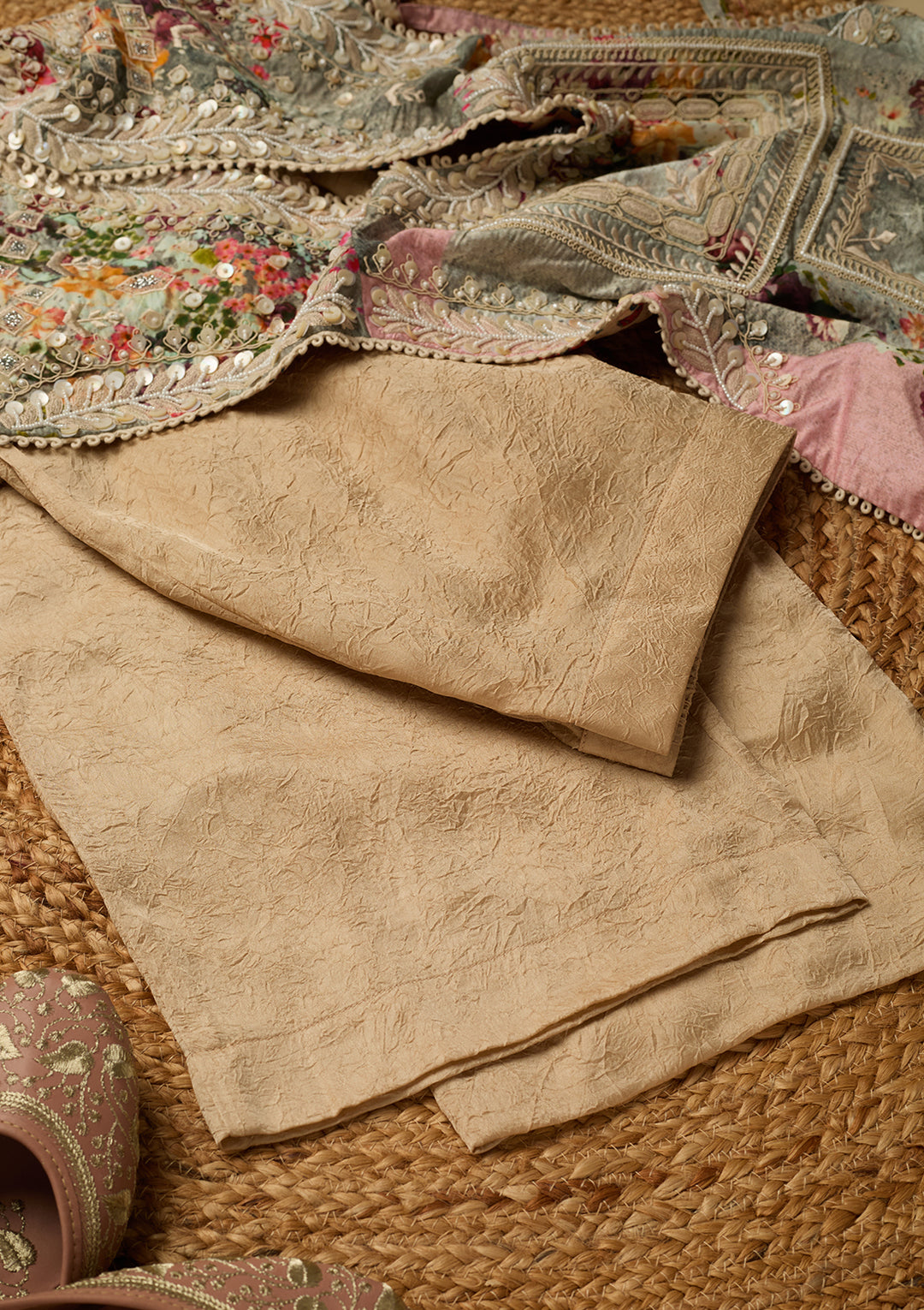 Beige Cotton Threadwork Straight Kurta With Pant Regular And Dupatta