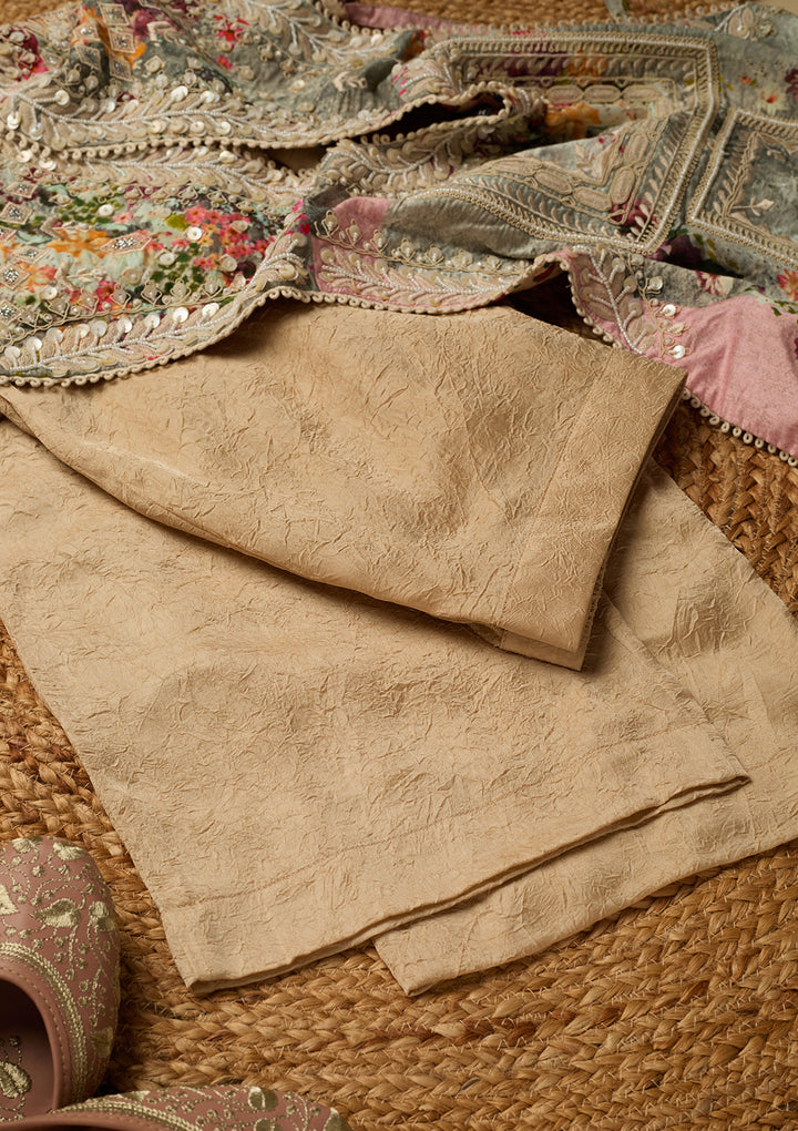 Beige Cotton Threadwork Straight Kurta With Pant Regular And Dupatta