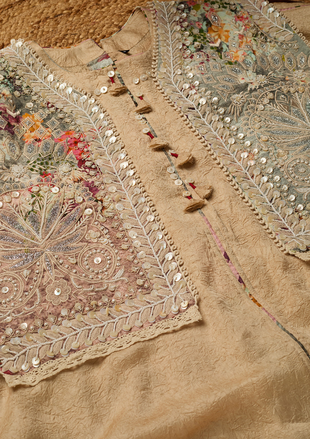 Beige Cotton Threadwork Straight Kurta With Pant Regular And Dupatta