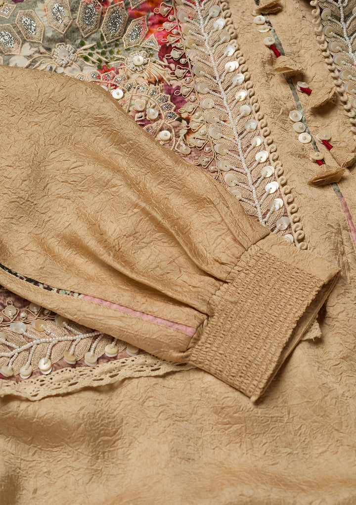 Beige Cotton Threadwork Straight Kurta With Pant Regular And Dupatta
