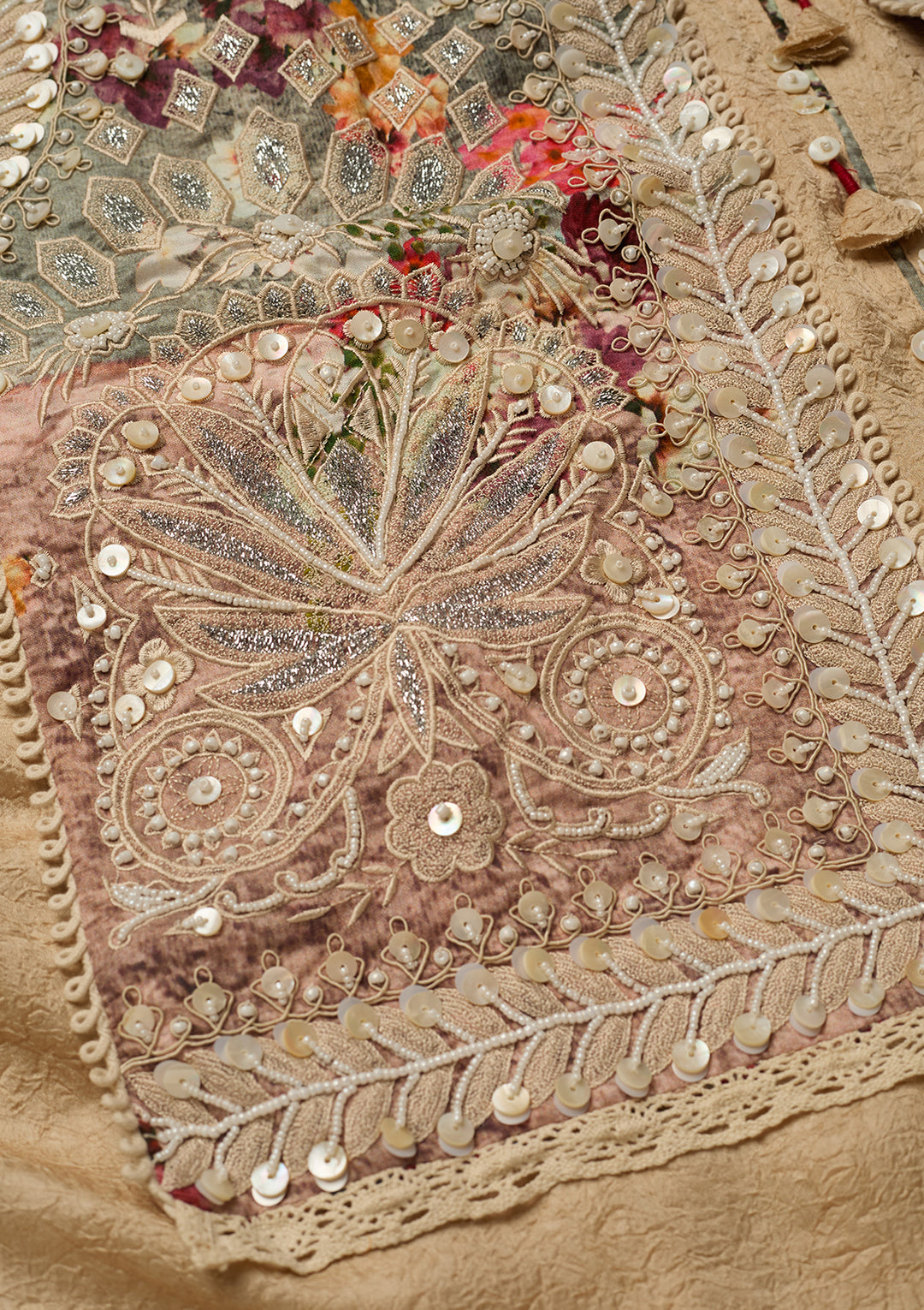 Beige Cotton Threadwork Straight Kurta With Pant Regular And Dupatta