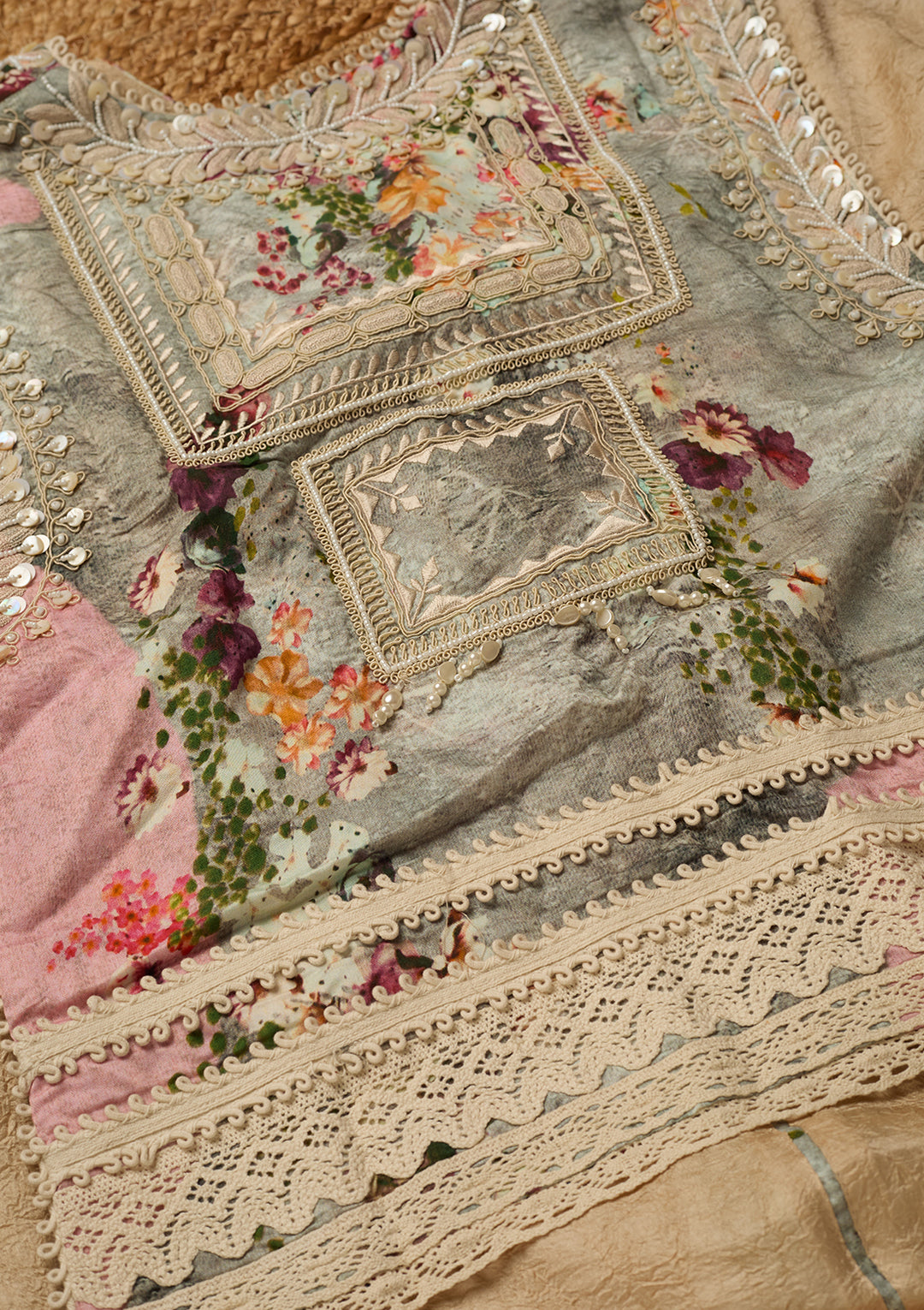 Beige Cotton Threadwork Straight Kurta With Pant Regular And Dupatta