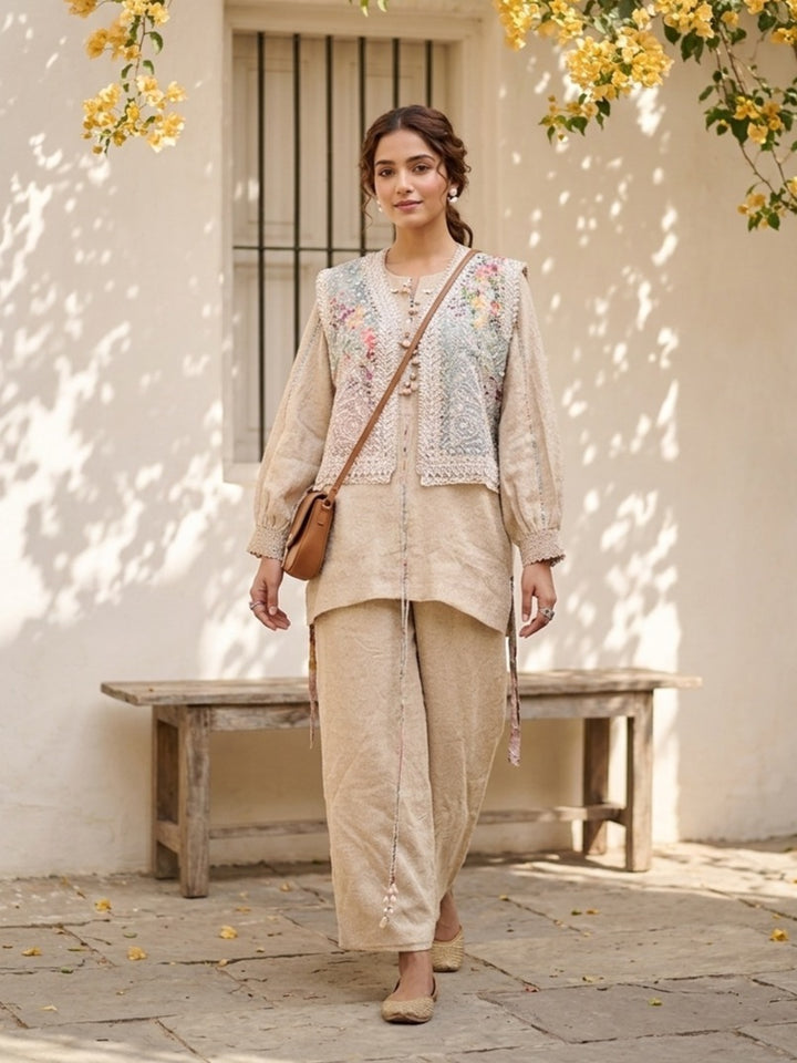 Beige Cotton Threadwork Straight Kurta With Pant Regular And Dupatta