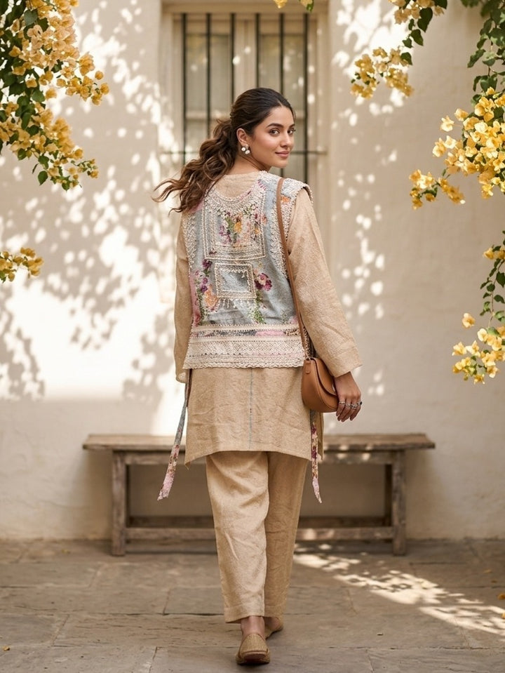 Beige Cotton Threadwork Straight Kurta With Pant Regular And Dupatta