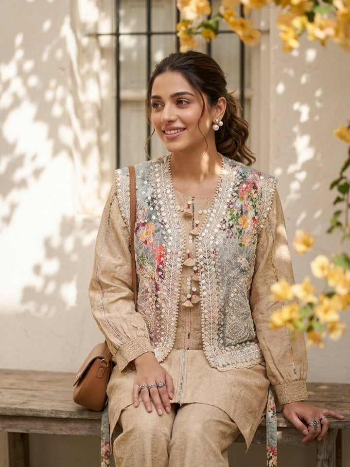 Beige Cotton Threadwork Straight Kurta With Pant Regular And Dupatta