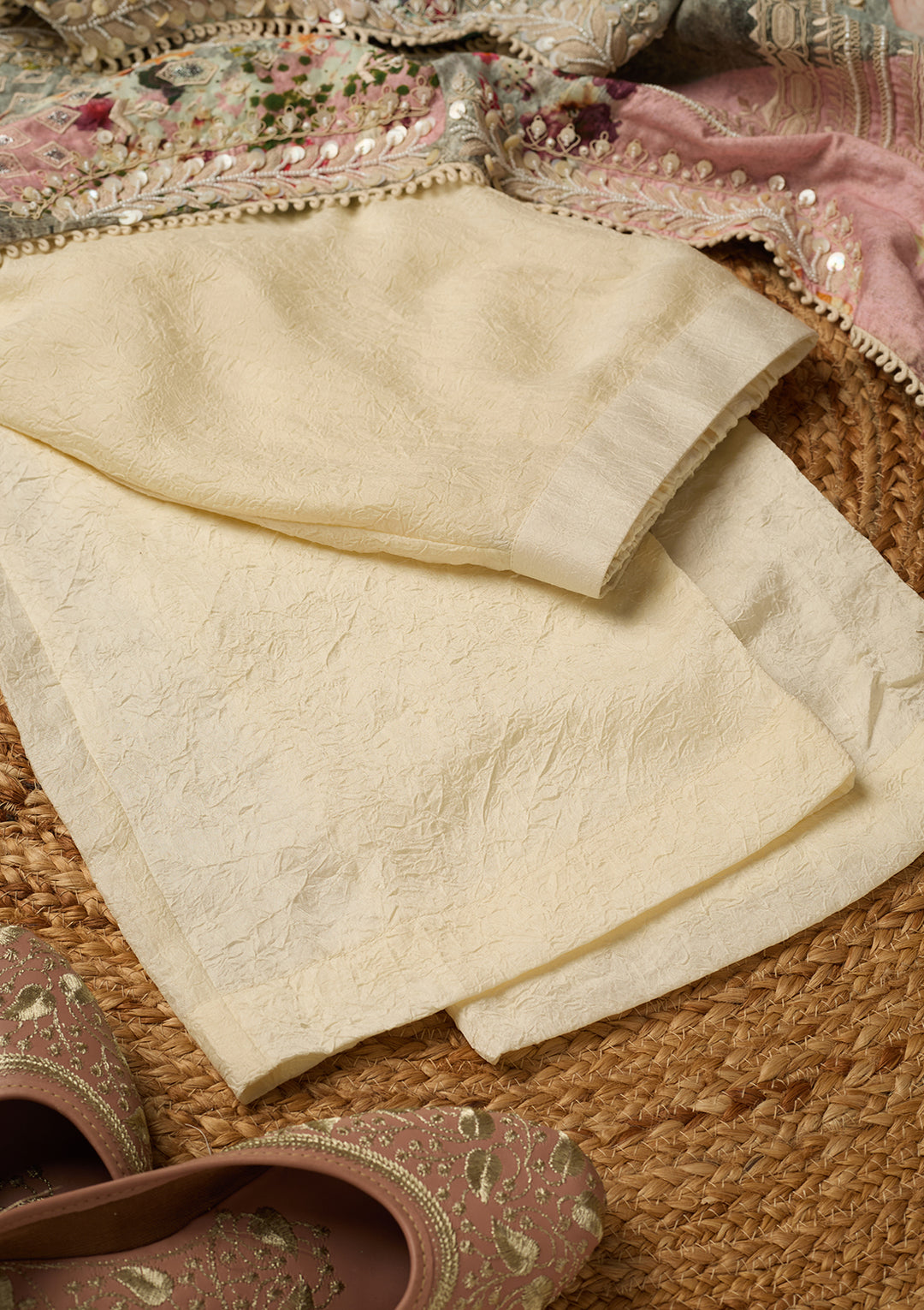 Cream Cotton Threadwork Straight Kurta With Pant Regular And Dupatta