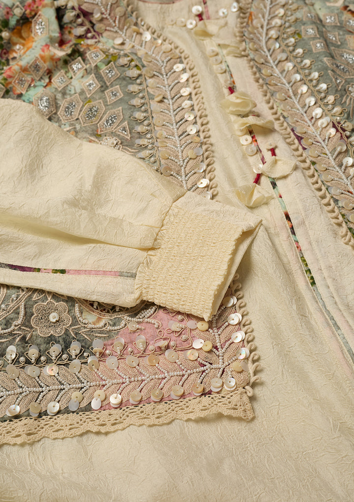 Cream Cotton Threadwork Straight Kurta With Pant Regular And Dupatta