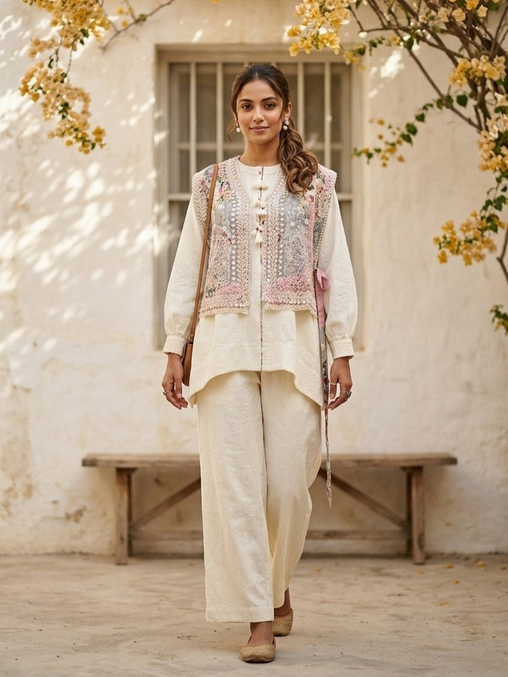 Cream Cotton Threadwork Straight Kurta With Pant Regular And Dupatta
