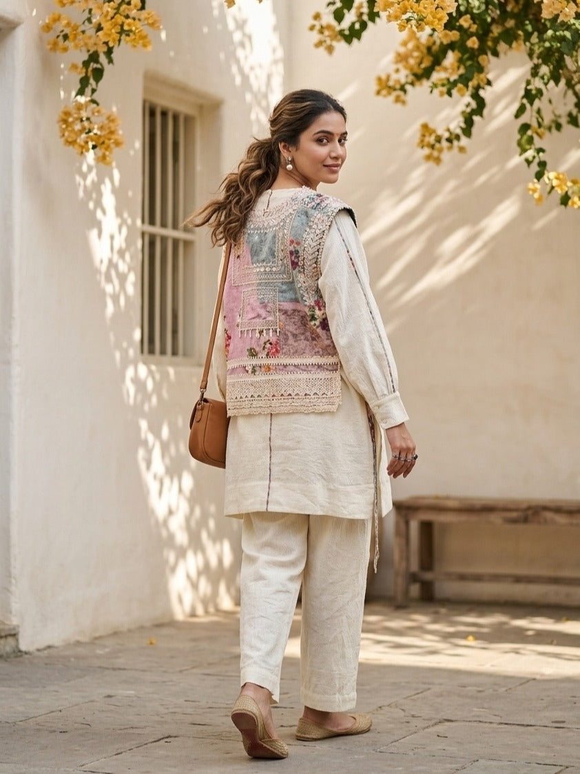 Cream Cotton Threadwork Straight Kurta With Pant Regular And Dupatta