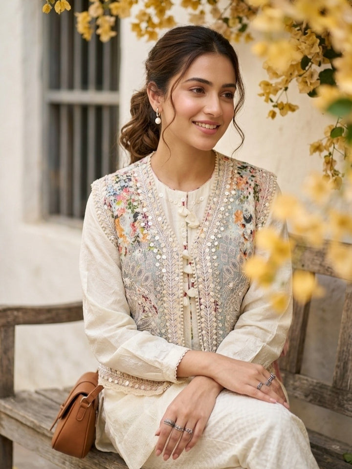 Cream Cotton Threadwork Straight Kurta With Pant Regular And Dupatta