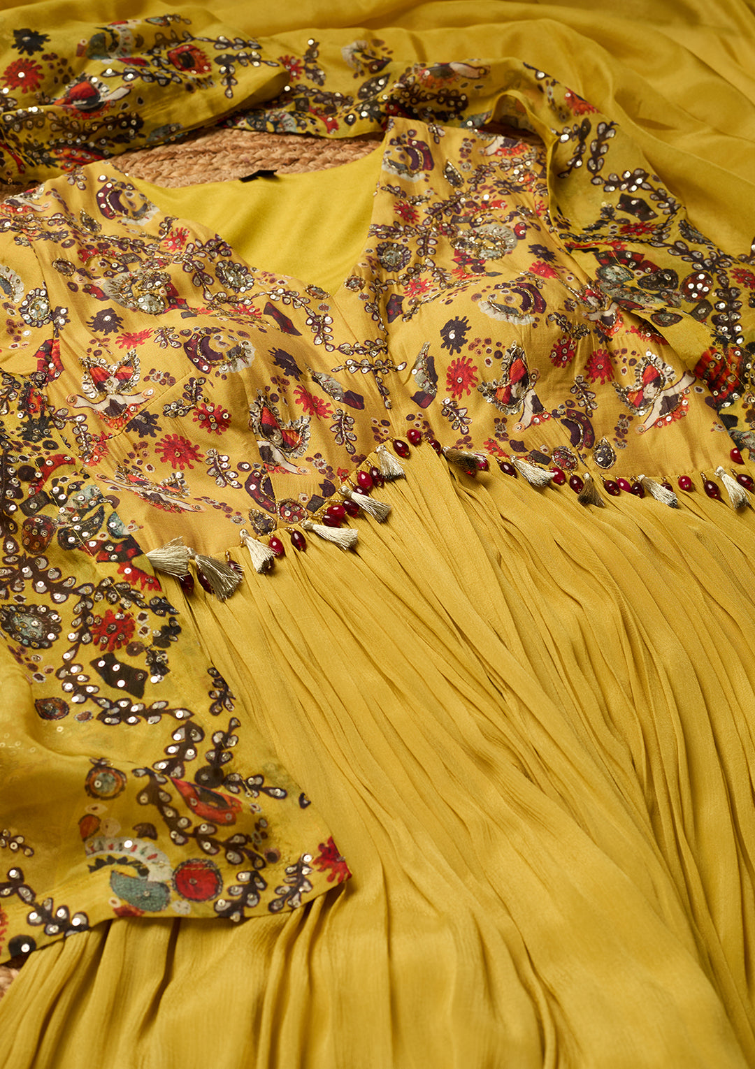 Mustard Yellow Crepe Threadwork Anarkali Kurta With Bottom And Dupatta