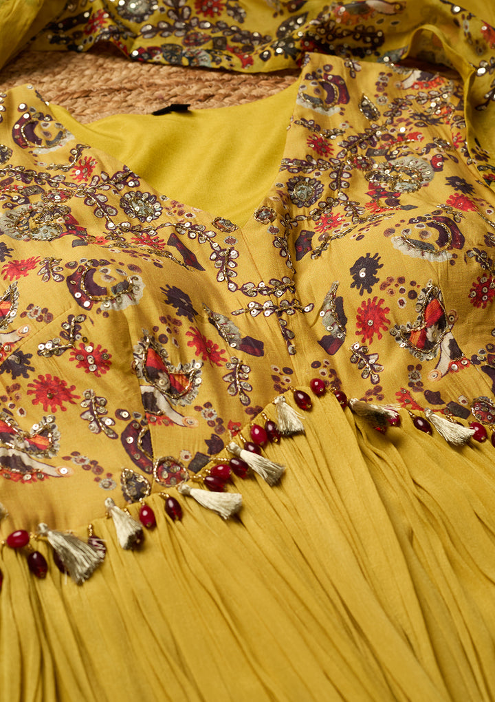 Mustard Yellow Crepe Threadwork Anarkali Kurta With Bottom And Dupatta