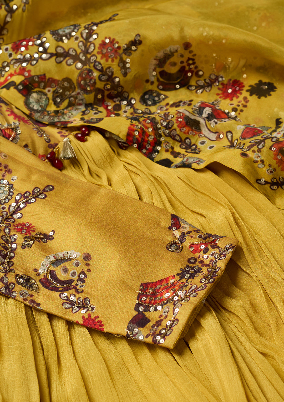 Mustard Yellow Crepe Threadwork Anarkali Kurta With Bottom And Dupatta