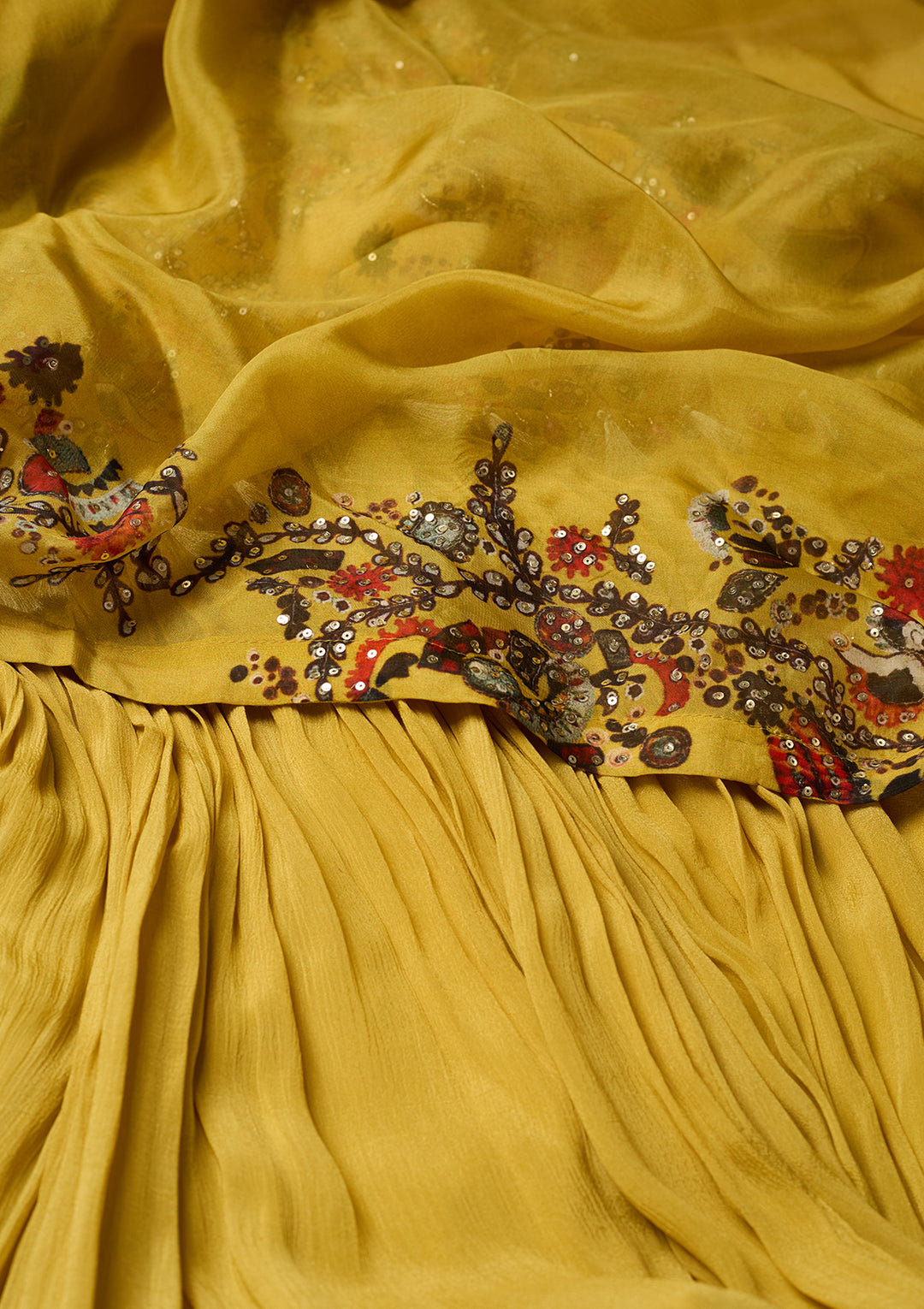 Mustard Yellow Crepe Threadwork Anarkali Kurta With Bottom And Dupatta