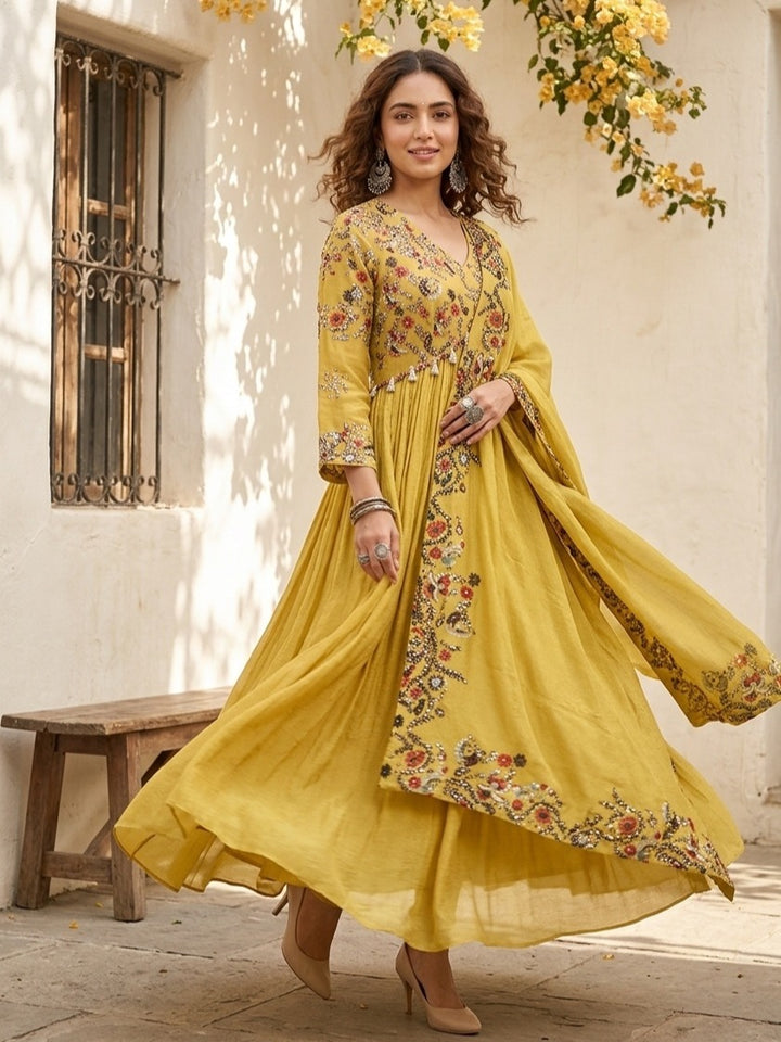 Mustard Yellow Crepe Threadwork Anarkali Kurta With Bottom And Dupatta