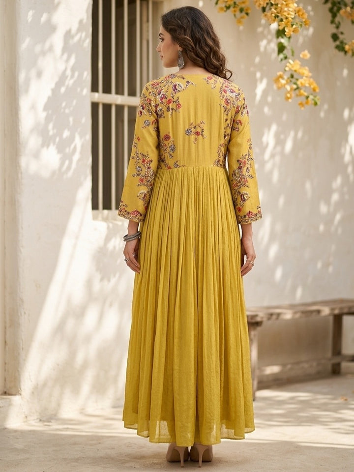 Mustard Yellow Crepe Threadwork Anarkali Kurta With Bottom And Dupatta