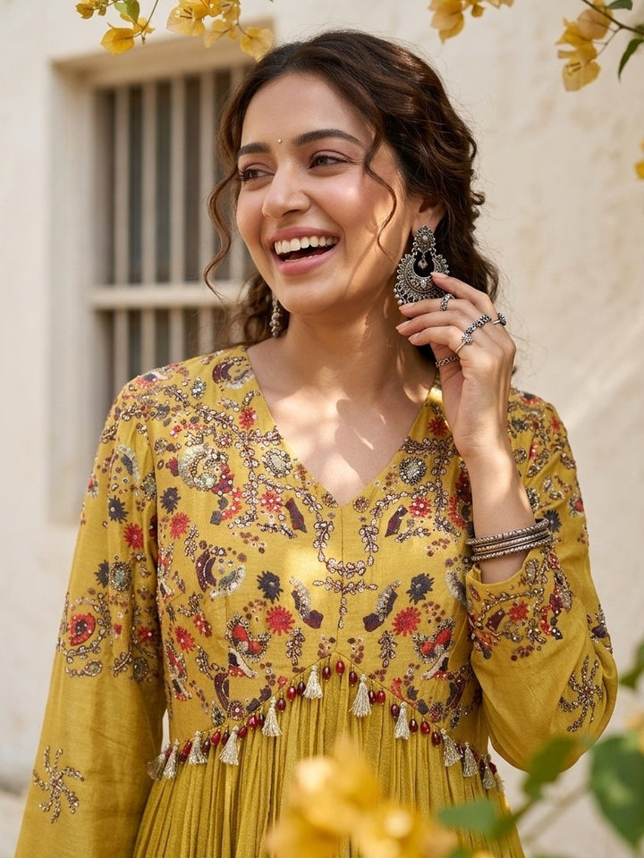 Mustard Yellow Crepe Threadwork Anarkali Kurta With Bottom And Dupatta