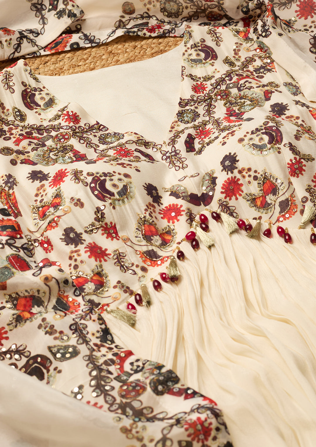 Off White Crepe Threadwork Anarkali Kurta And Dupatta