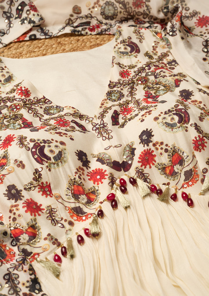 Off White Crepe Threadwork Anarkali Kurta And Dupatta