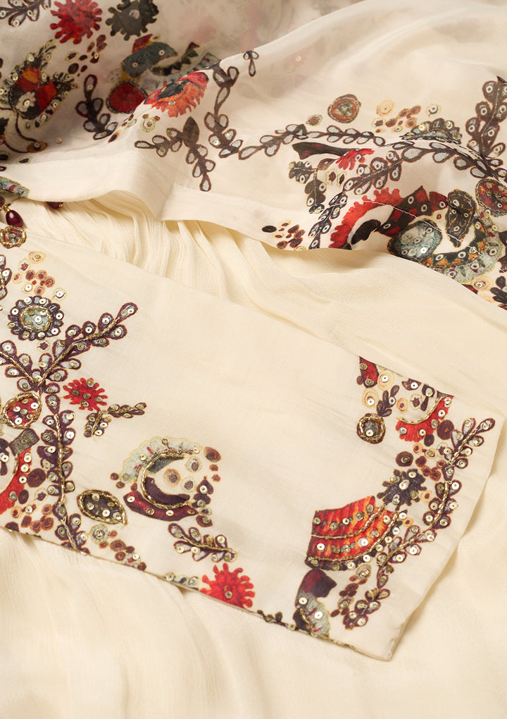Off White Crepe Threadwork Anarkali Kurta And Dupatta