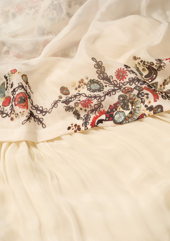Off White Crepe Threadwork Anarkali Kurta And Dupatta