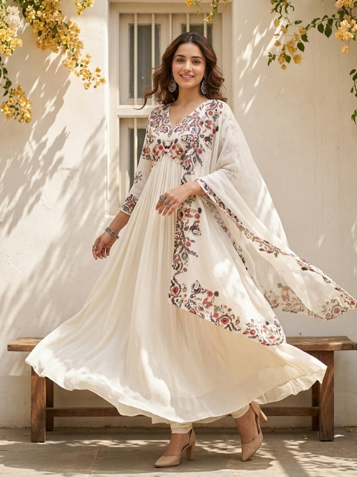 Off White Crepe Threadwork Anarkali Kurta And Dupatta