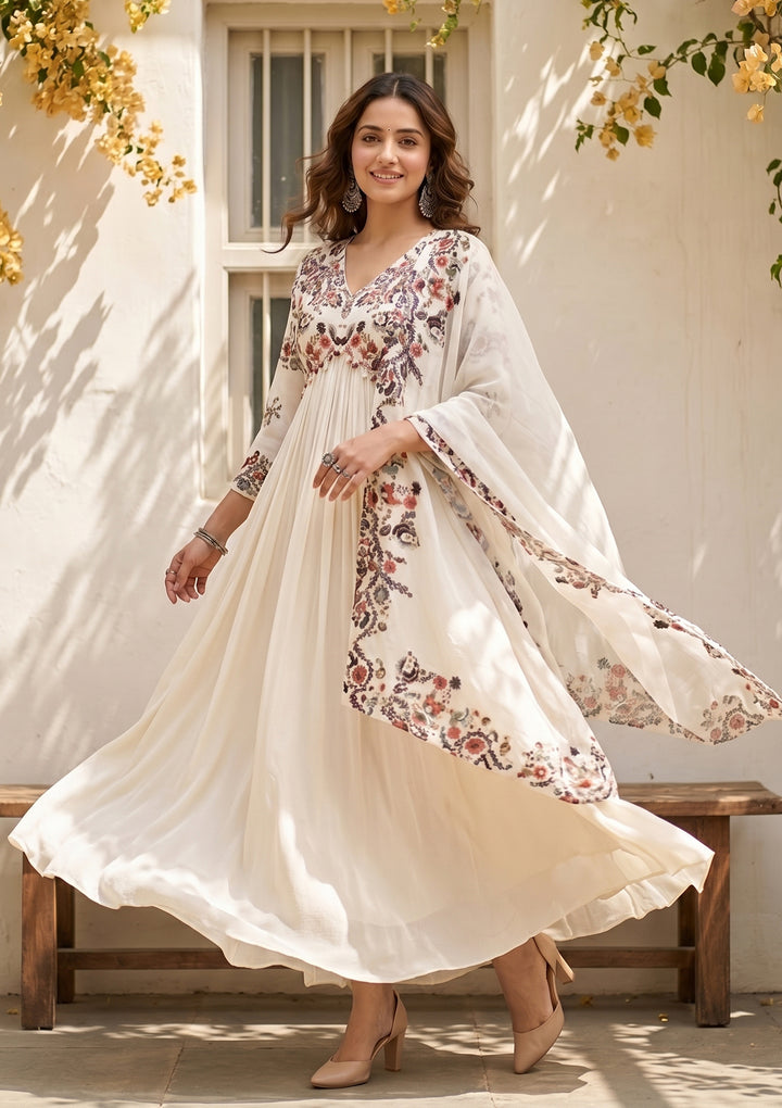 Off White Crepe Threadwork Anarkali Kurta And Dupatta