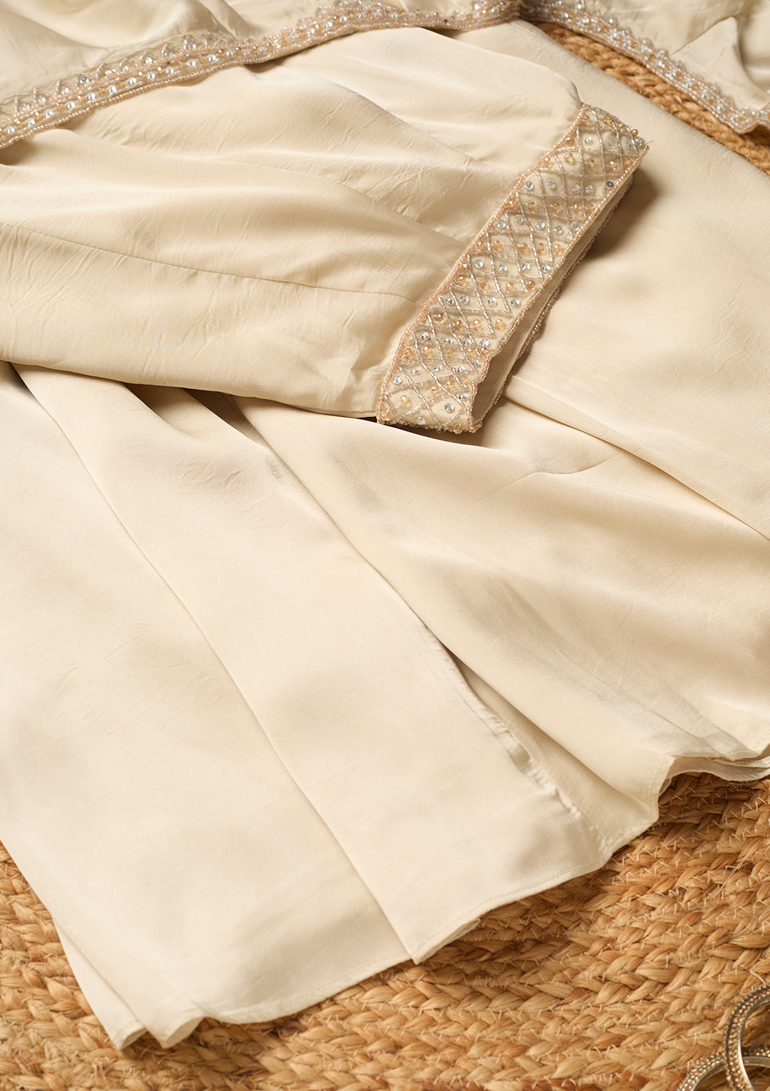 Cream Georgette Zariwork Jacket Kurta With Palazzo And Dupatta
