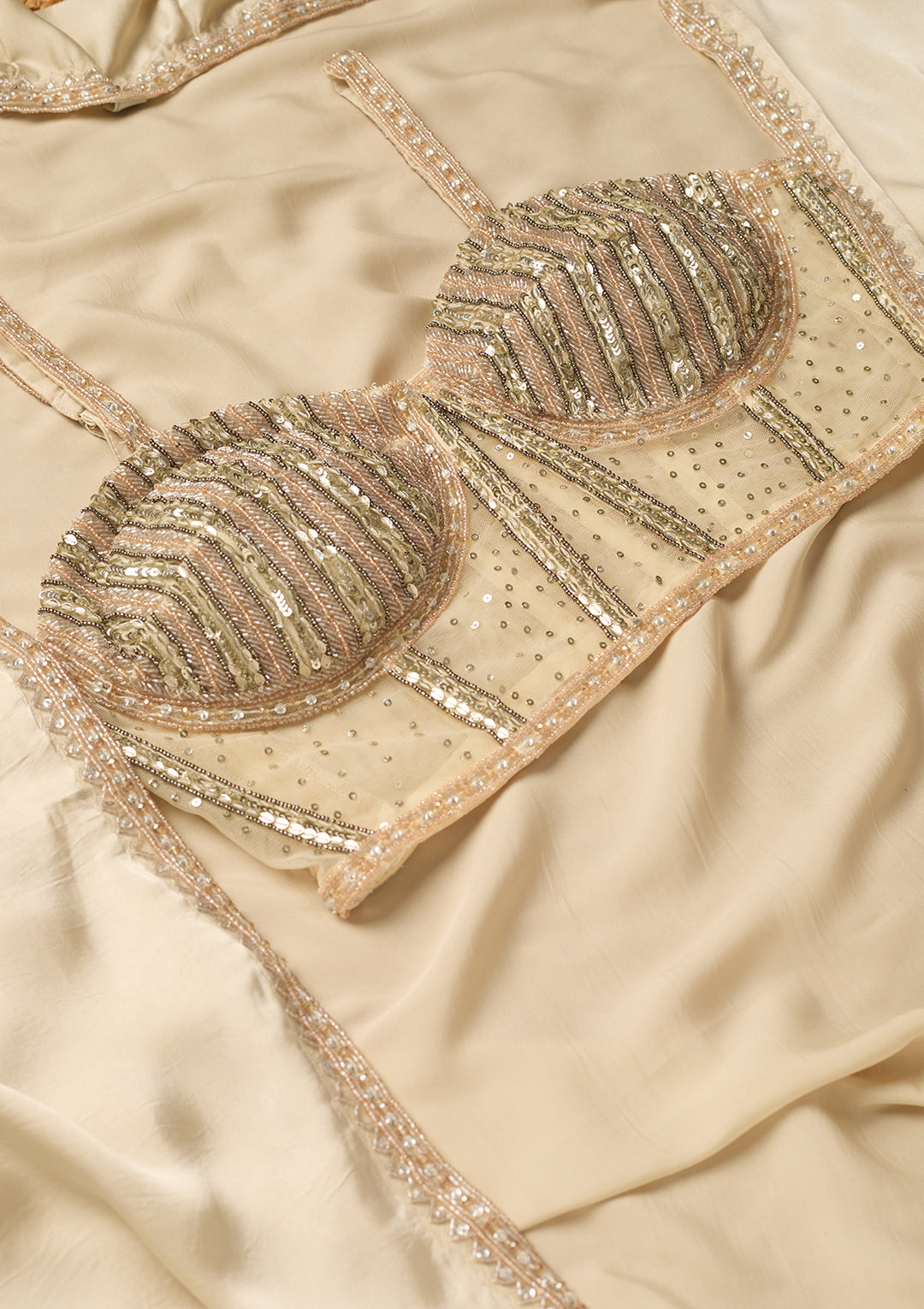 Cream Georgette Zariwork Jacket Kurta With Palazzo And Dupatta