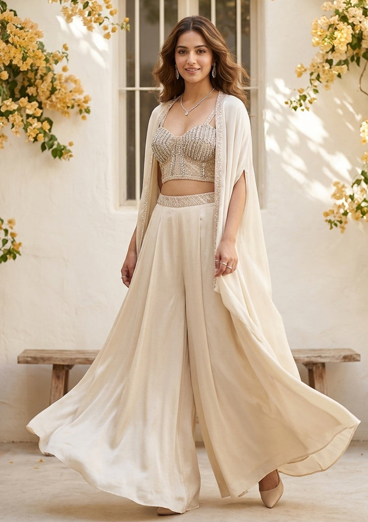 Cream Georgette Zariwork Jacket Kurta With Palazzo And Dupatta