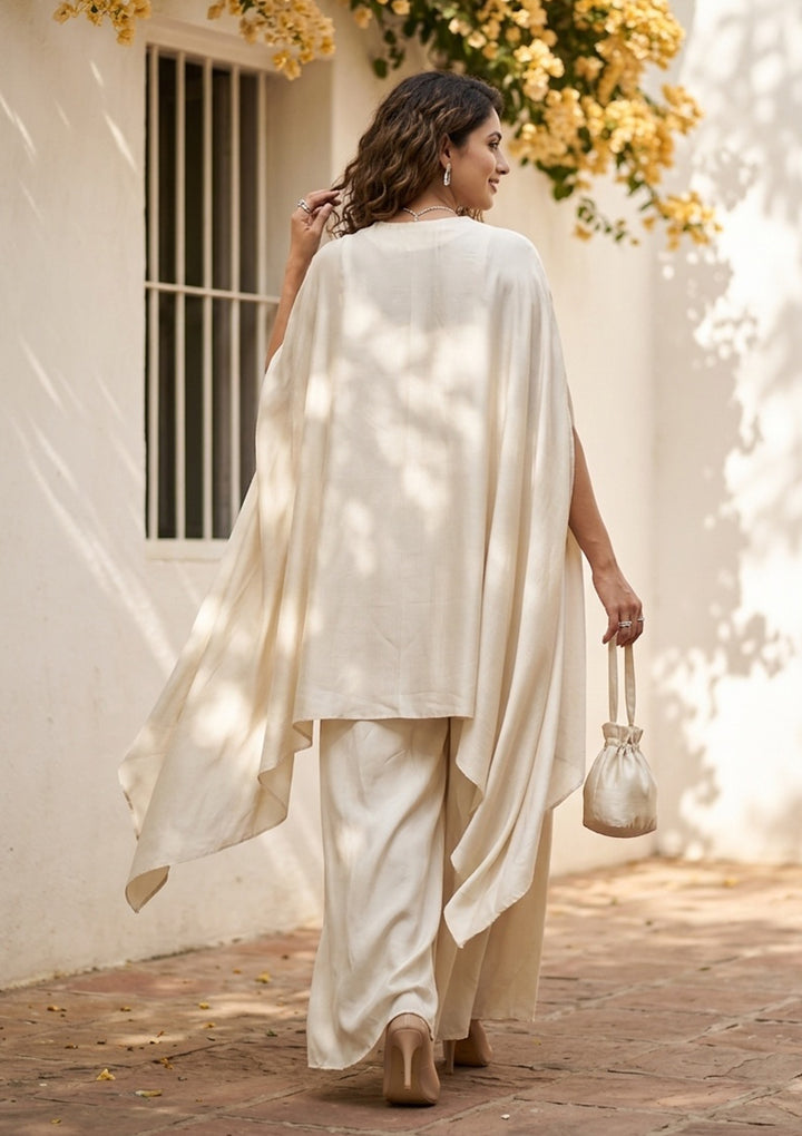 Cream Georgette Zariwork Jacket Kurta With Palazzo And Dupatta
