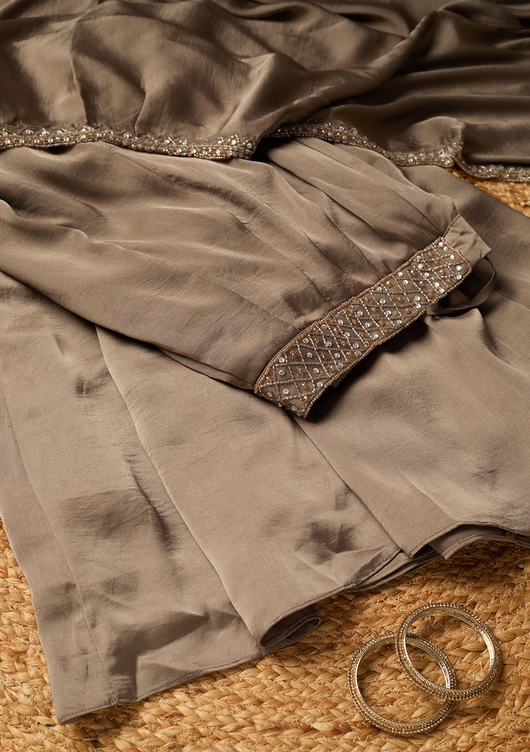 Grey Georgette Zariwork Jacket Kurta With Palazzo And Dupatta